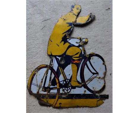 A RALEIGH ENAMEL ADVERTISING SIGN. A rare, single-sided three-colour, yellow, white and black sign, the rider's hand missing,