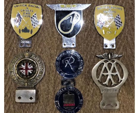 SEVEN CAR CLUB BADGES to include two British &amp; Sports Car club badges one with over-painted enamels, The Rolls-Royce Memo