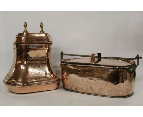 A Victorian copper cistern of shaped form, 40 x 22 x 47cm, and a Victorian copper fish kettle