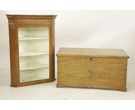A pine trunk, 101cm wide, and an oak open hanging corner cupboard