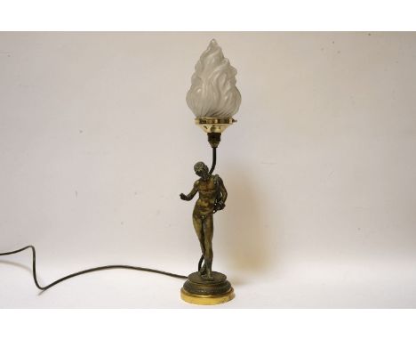 A brass Grecian figure lamp, with flambe shade, 60cm