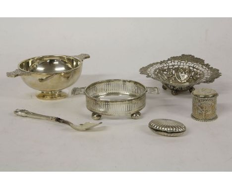A silver quaich, 15cm diameter, a silver dish sleeve, a pierced dish, a pin box, a cylindrical pot and cover, and a preserve 