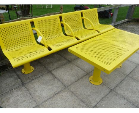 A British Rail 4 seater bench in yellow by Townscape Products 2.3cm long x 78cm high x 60cm deep and a table 1,2cm long x 60c