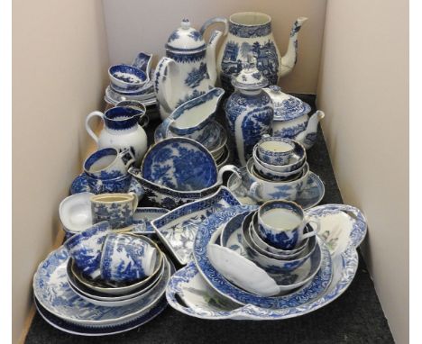 A large quantity of late 18th century and 19th century blue and transfer printed tea wares, to include two coffee pots, cups,