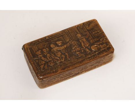 A 17th century carved beech wood snuff box, the rectangular hinged top with relief pictorial scene of figures conversing outs