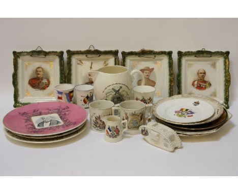 Military ceramics, including wall plates of Baden-Powell, Buller, Kitchener, Macdonald, White, Copeland Spode Churchill jug, 