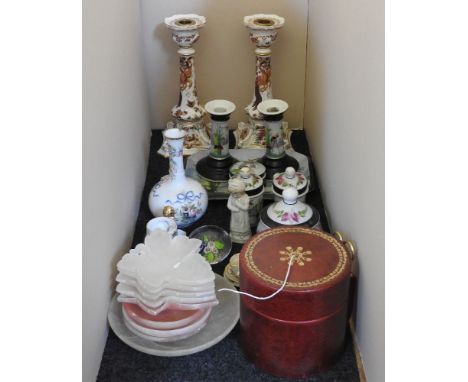 A pair of Spode candlesticks, a Heron decorated dressing table set, and a collection of china and alabaster dishes (qty)