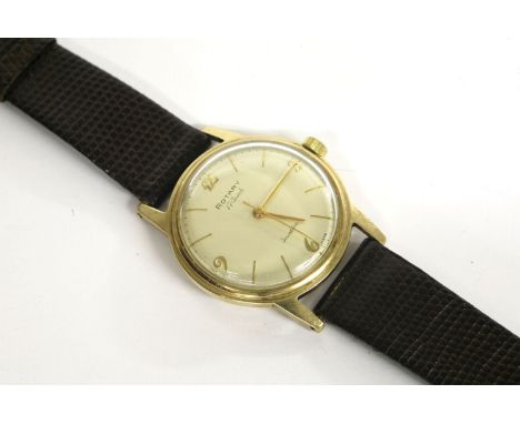A gentleman's 9ct gold Rotary Incabloc mechanical strap watch, with silvered dial, gilt batons and Arabic numerals, in box wi