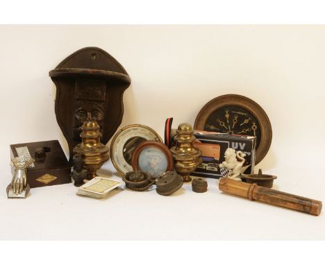 A late Victorian porcelain table lamp, a small barometer, and a collection of similarities (qty)