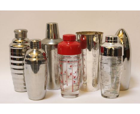 Six vintage cocktail shakers, and a mixer, with spoon