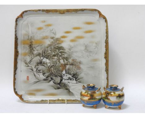 A late 19th/ early 20th century Satsuma tray, of square form with pictorial decorated centre of a watermill beside a tree lin
