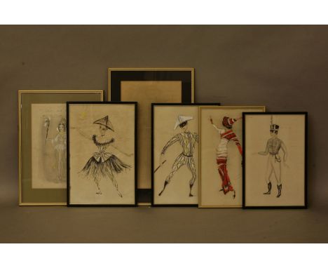 English School 1950sSIX VARIOUS COSTUME DESIGNS; HAMLET; ARMY OFFICER; MASKED HARLEQUINwatercolours, one signed Beverly Sutcl