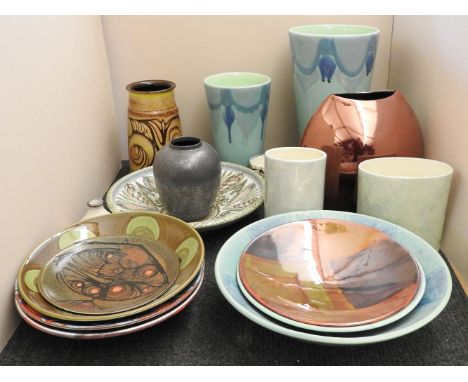 Six modern Poole dishes, one restored, 26.5cm diameter, an Aegean dish, and a Denby Glyne Coledge bowl, and seven Poole vases