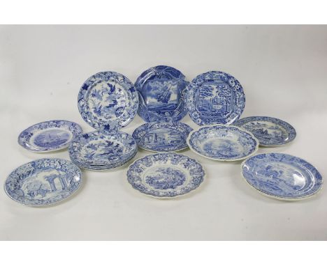 A quantity of late 18/19th century blue and white transfer printed plates, factories including Spode, Clews, Ridgway, predomi