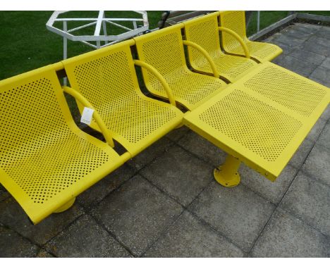 A British Rail five seater bench in yellow by Townscape Products, 2.9m long x 78cm high x 63cm deep, and a table 1.2cm long x