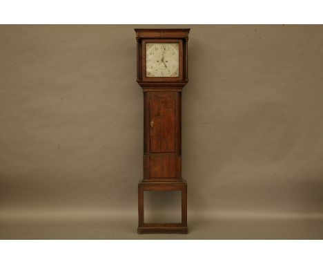 A George lll oak long case clock, with painted dial, the bottom panel to trunk missing and lacks movement