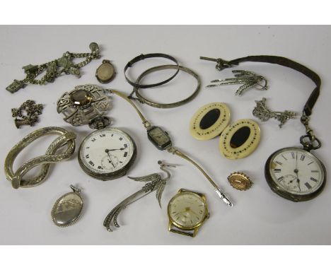 A collection of costume jewellery to include a silver knot brooch, a 1964 Scottish silver brooch set with a circular mixed cu