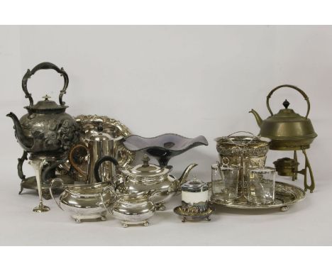 Silver plated items: three piece teaset, kettle on stand, salver, etc.