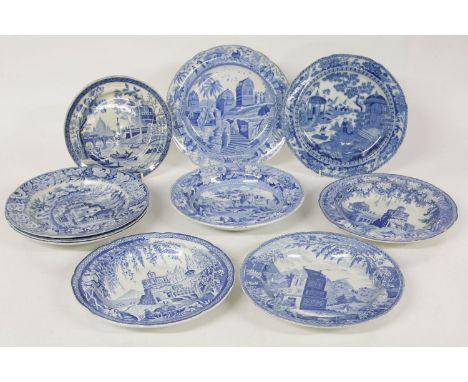 A quantity of late 18/19th century blue and white transfer printed pottery plates, to include two possibly Spode plates, from