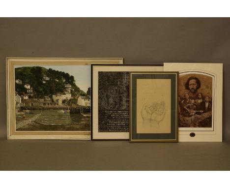 Jas R RichardsonHARBOUR SCENEoil on board,Signed l.r.,60 x 90cm with a copy of a brass rubbing from Leckhampton Parish, Glouc