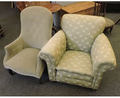 A Victorian easy chair, with green upholstery, 90cm wide, together with a Victorian button back slipper chair