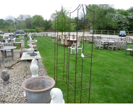 A pair of hand forged wrought iron square garden obelisks, with arrow top finials, 230cm high x 32cm square