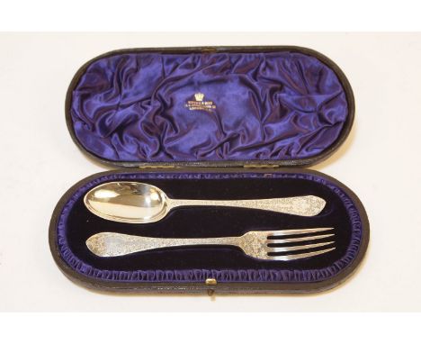 A Victorian bright cut silver fork and spoon, in original Spink & Son case, London 1894