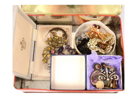 A collection of vintage and modern costume jeweller, micro mosaic, silver christening bangles, paste peacock feather brooch, 