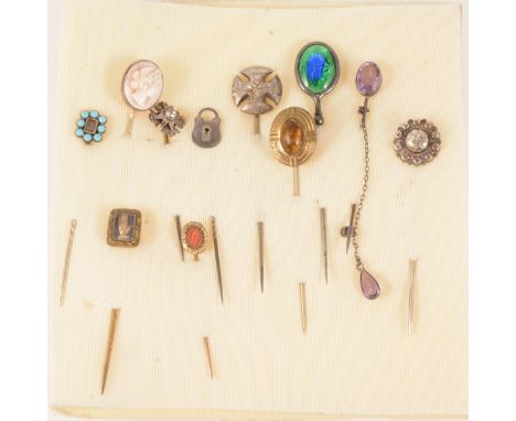Eight silver and white metal stick pins, Charles Horner oval blue and green enameled pin, Chester 1904, circular Victorian 12
