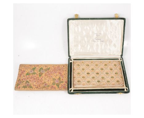 Two Indian beaded evening bags, a jewelled evening clutch bag set with green stones, gold and silver coloured thread, 20x12cm