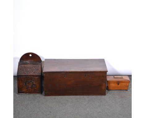 Victorian carved oak candle box, 38cm, Georgian oak deed box and twin compartment tea caddy.