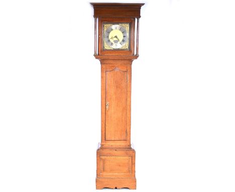 Oak longcase clock, the hood with cavetto cornice, plain frieze, turned columns, long door, fielded panel base, bracket feet,