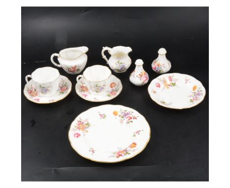 Royal Crown Derby "Derby Posies" bone china teaset, including 6 x cups, saucers, two sizes of plate, bowls, two milk jugs, th