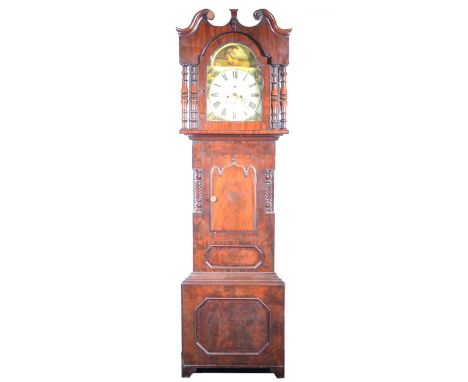 Victorian north country mahogany longcase clock, the hood with swan neck pediment, turned columns, short door, bracket feet, 