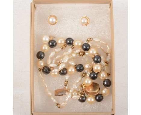 Two pairs of cultured pearl stud earrings for pierced ears, 6.3mm and 5mm, a freshwater pearl necklace, 45cm, simulated pearl