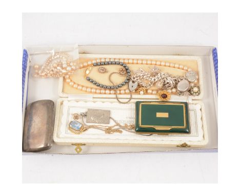 Silver filed curb link bracelet with five charms and padlock fastener, silver lockets, cross and chains, rolled gold pendants