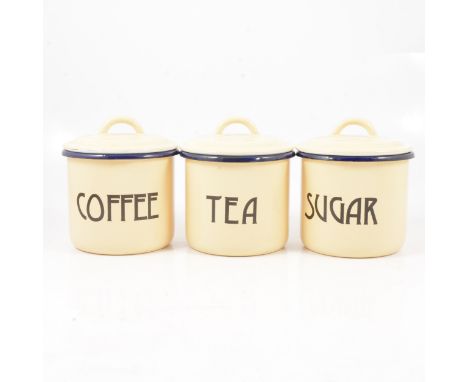 Three Tala cream enamel tins. Tea, Coffee, Sugar, 14cm.