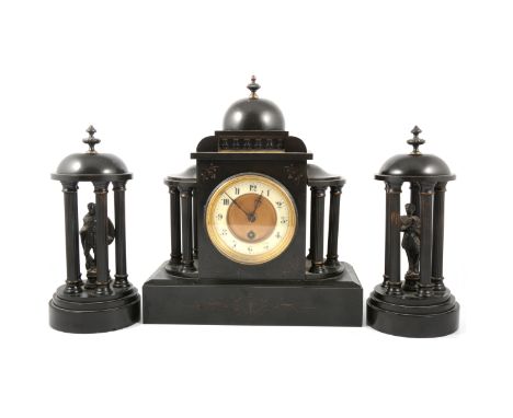 Late Victorian clock garniture, black slate architectural case with metal mounts, cylinder movement, height 32cm.
