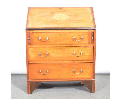 Edwardian inlaid mahogany bureau, fall front decorated with a shell, three drawers under, bracket feet, width 77cm, depth 46c