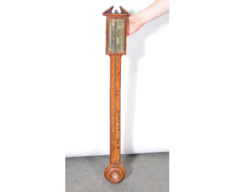 George III style stick barometer, mahogany case with architectural pediment, turned cistern cover, brass dial signed C Bogial