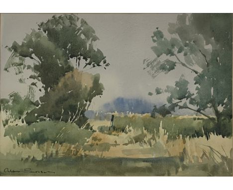 Alan Simpson, Autumn sunshine, signed, watercolour, titled on the back, 25x36cm, and an etching of a Belgian town.