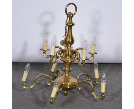 Dutch style brass two-tier ten light chandelier, width 68cm, drop 76cm.