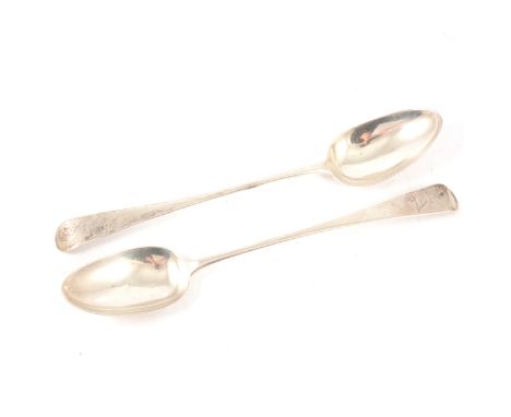 A pair of Georgian silver basting spoons, W.S, London 1793, stag and arrow motif to handle, total approx. 6.5oz.