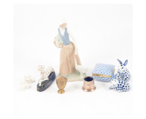Box of decorative ceramics including Nao figure, Chinese blue and white prunus jardiniere, other Chinese modern decorative ce