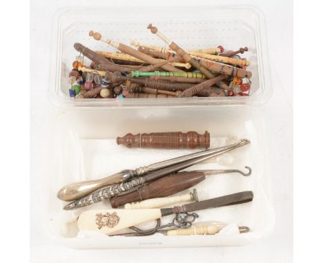 Bone and wooden pillow lace bobbins, two named, "Susan" and "Robert", three silver handled button hooks, also bone and mother