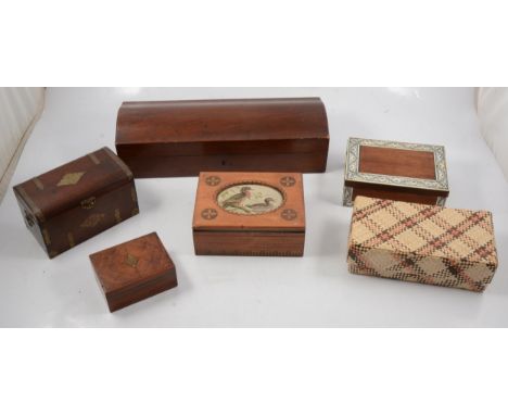 Mahogany tea caddy, sarcophagus form, width 21.5cm, and other cigar and gloves boxes, including one with ivory and penwork bo