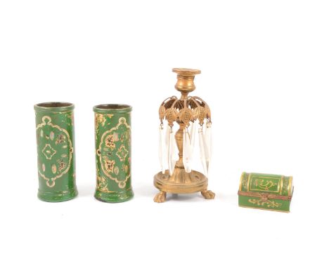 Limoges porcelain casket-shape box, gilt decoration, width 8cm; and a pair of Jennens &amp; Bettridge papier mache spill vase