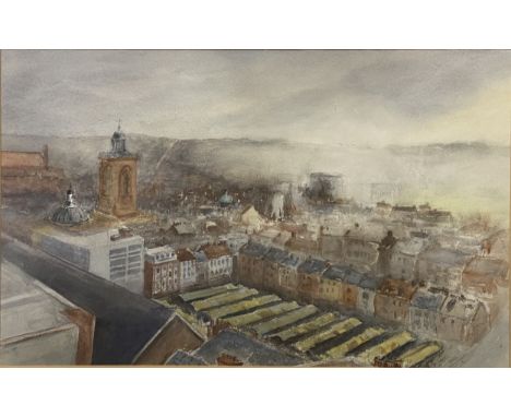 Horace Copson, Northampton Town Centre with The Market Square and All Saints Church, watercolour, 35x51cm. After Harry Farr, 