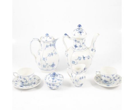 Royal Copenhagen blue and white coffee set, including pot, hot water jug, six cups and saucers, cream jug, sugar bowl.