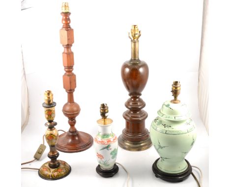 Turned mahogany table lamp, 54cm to fitment, and other table lamps, various.
